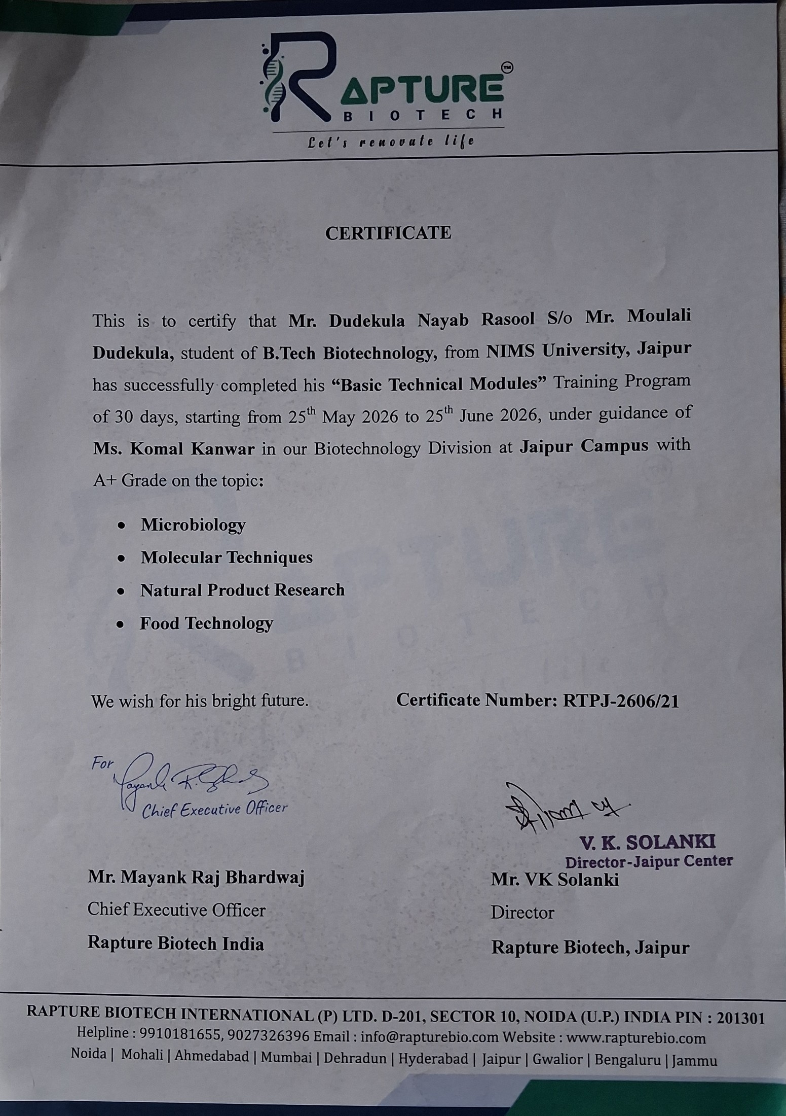Rapture Biotech Certificate of Internship Completion